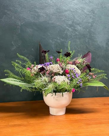 Floral arrangement against warm interior tones