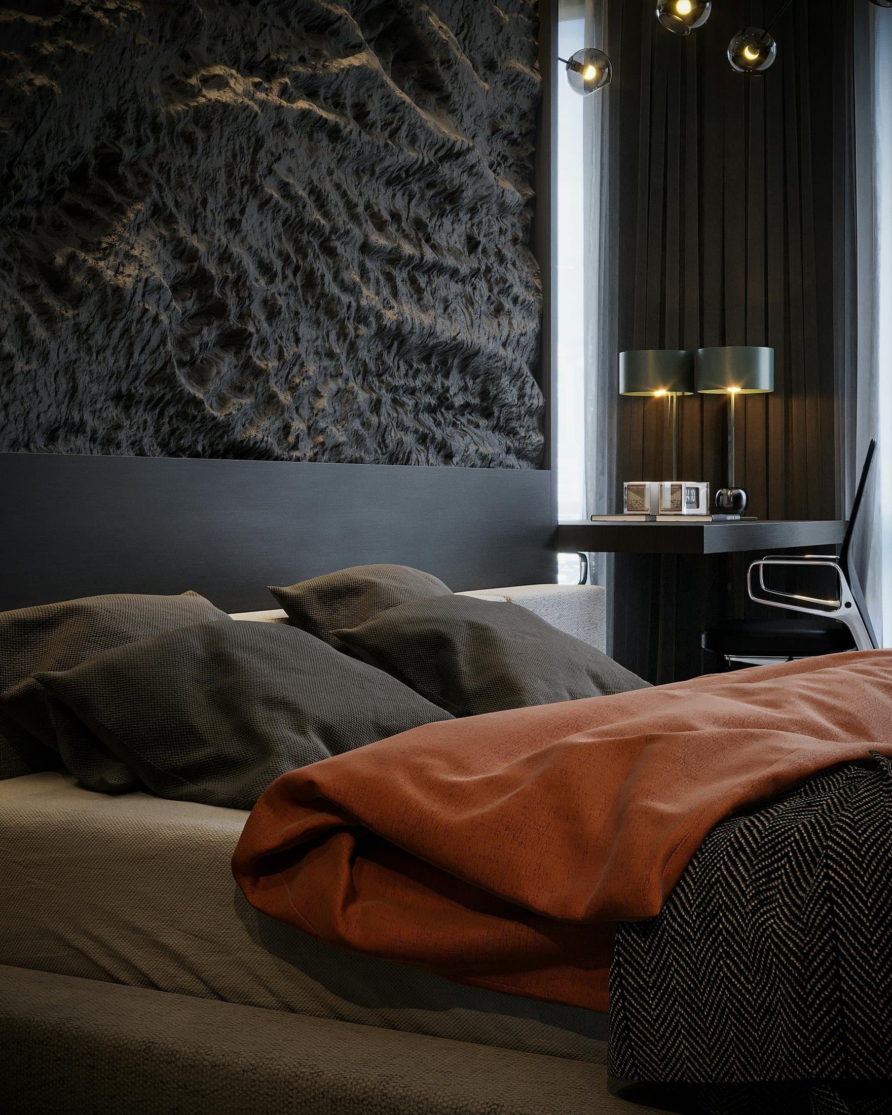 Bedroom with dark plaster wall